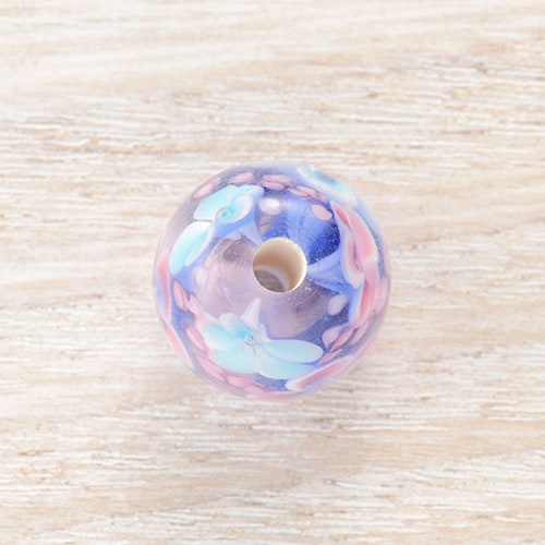 トンボ玉/ラウンド 小花 約14mm薄桜×瑠璃色 | ・ガラスビーズ