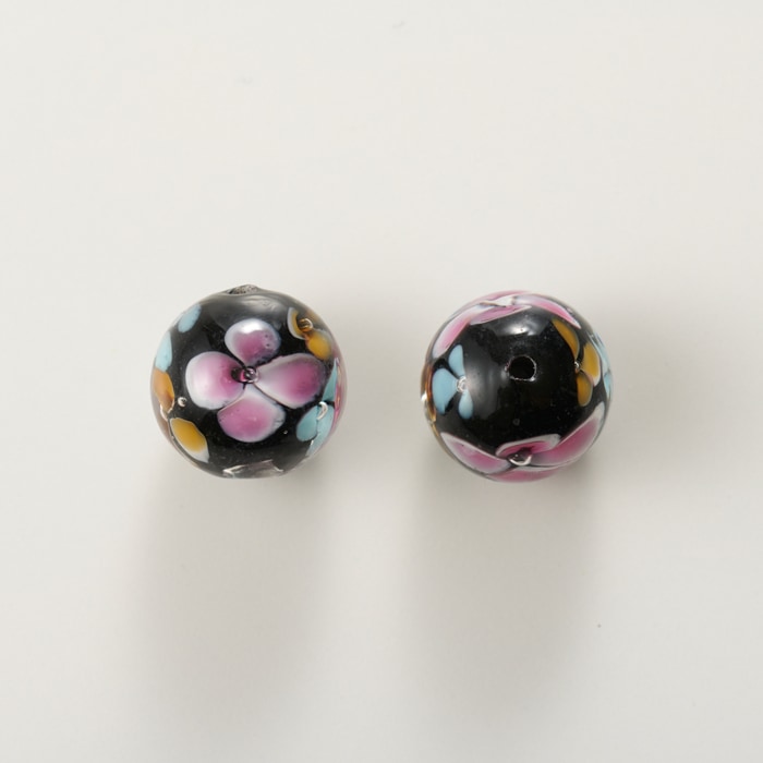 トンボ玉/ラウンド 花柄模様 約12.5×14.0mm ブラック 大 | ・ガラス