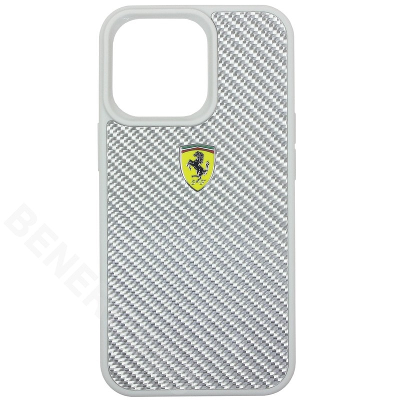 フェラーリ iPhone13Pro リアルカーボン ハードケース メタルロゴ シルバー FEHCP13LFCASI