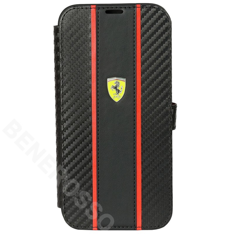 フェラーリ iPhone14plus カーボン調PUレザー 手帳型ケース ストライプ ブラック FEBKP14MNMBK