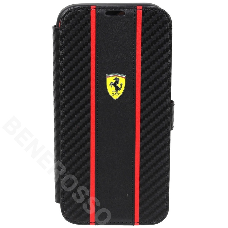 フェラーリ iPhone 15 カーボン調PUレザー 手帳型ケース ストライプ ブラック FEBKP15SNMBK