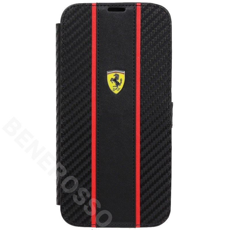 フェラーリ iPhone 15ProMax カーボン調PUレザー 手帳型ケース ストライプ ブラック FEBKP15XNMBK