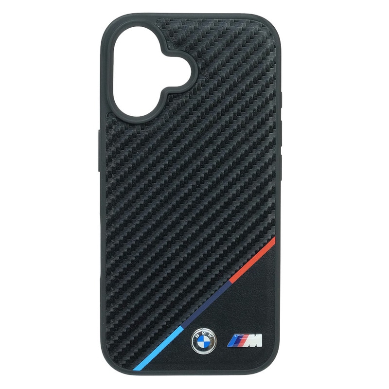 BMW iPhone 16 マグセーフ PU カーボン調 ハードケース トリコロール ブラック BMHMP16S23PUDTK