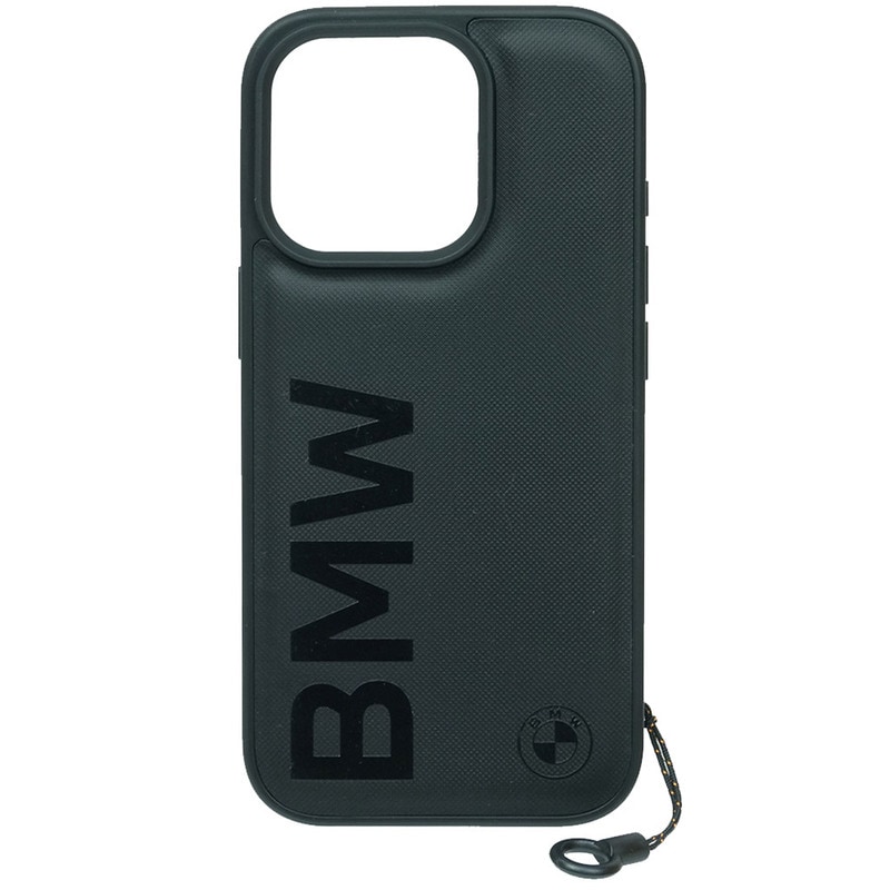 BMW iPhone 16Pro レザー ハードケース ビッグロゴ ハンドストラップ付 ブラック BMHCP16L23RMRLK