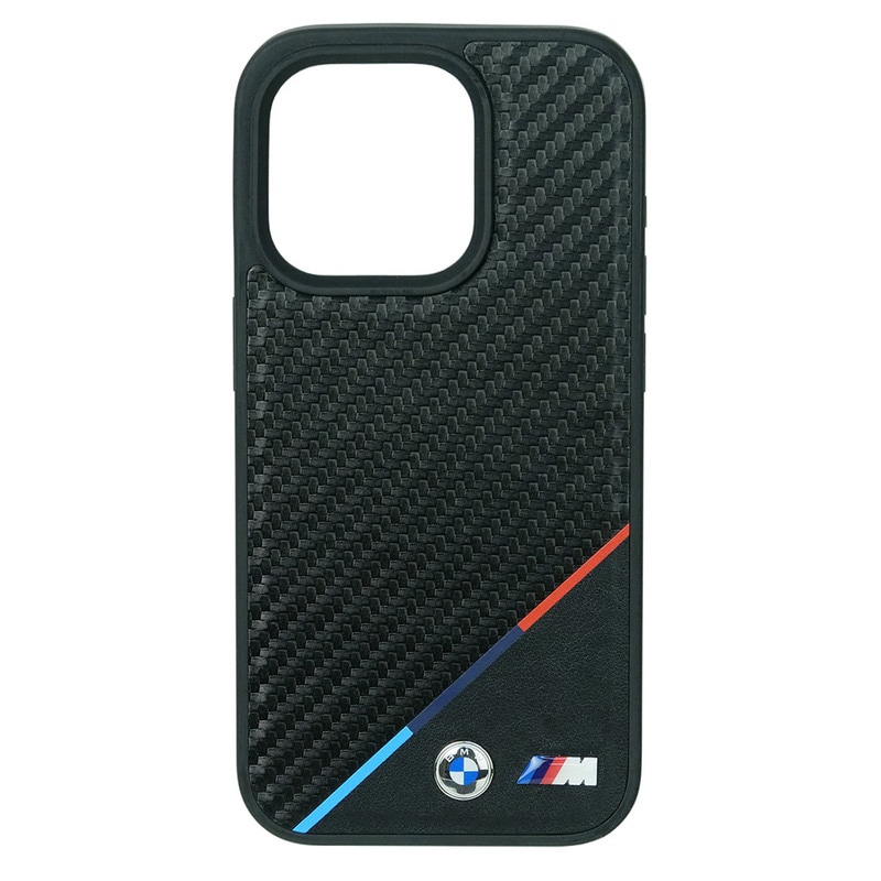 BMW iPhone 15Pro マグセーフ PU カーボン調 ハードケース トリコロール ブラック BMHMP15L23PUDTK
