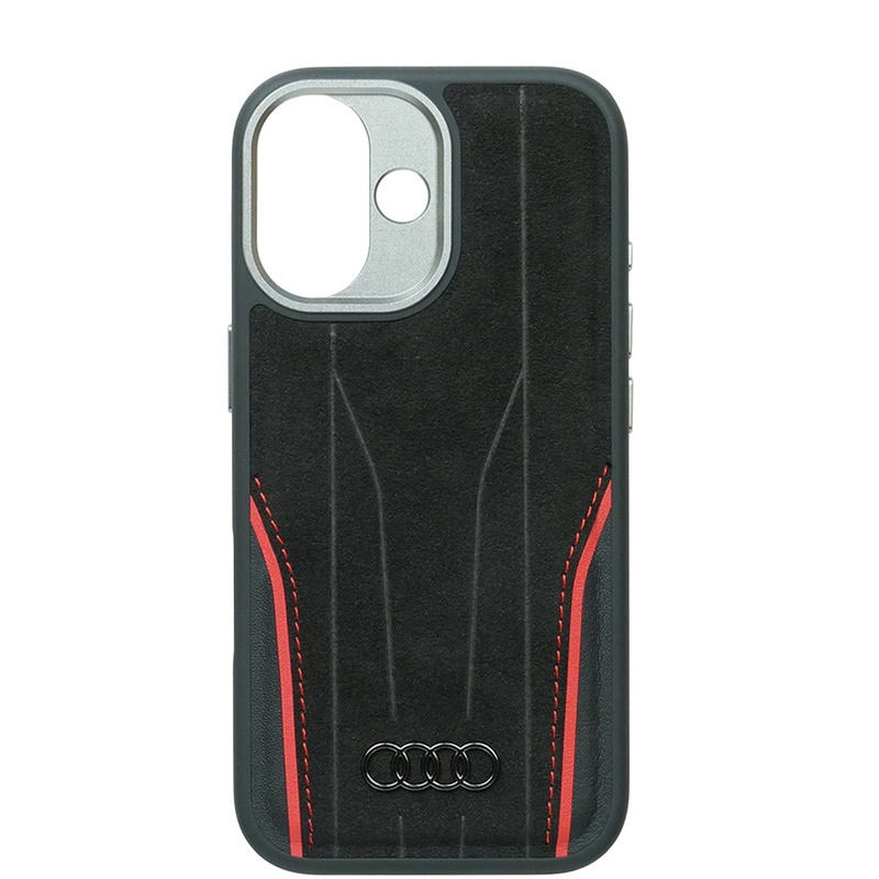 アウディ iPhone 17 アルカンターラ & レザー バックカバー ブラック/レッド マグセーフ対応 AU-TPUPCMIP17-R8/D3-RD