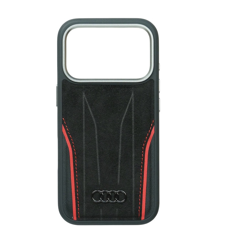 アウディ iPhone 17Pro アルカンターラ & レザー バックカバー ブラック/レッド マグセーフ対応 AU-TPUPCMIP17P-R8/D3-RD