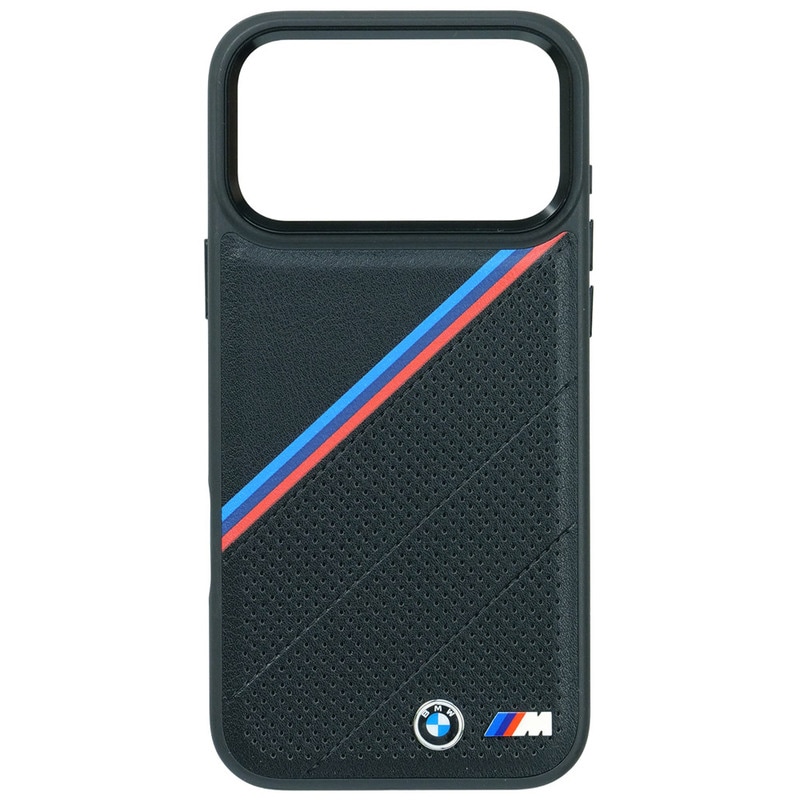BMW iPhone 17ProMax PUレザー バックカバー トリコロール メタルロゴ ブラック マグセーフ対応 BMHMP17X25PCSPEK