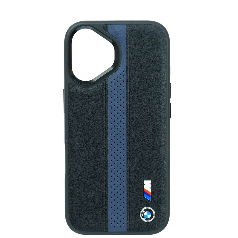BMW iPhone 17 PUレザー バックカバー パフォーデットストライプ メタルロゴ ブラック マグセーフ対応 BMHMP17S25PCPSKB