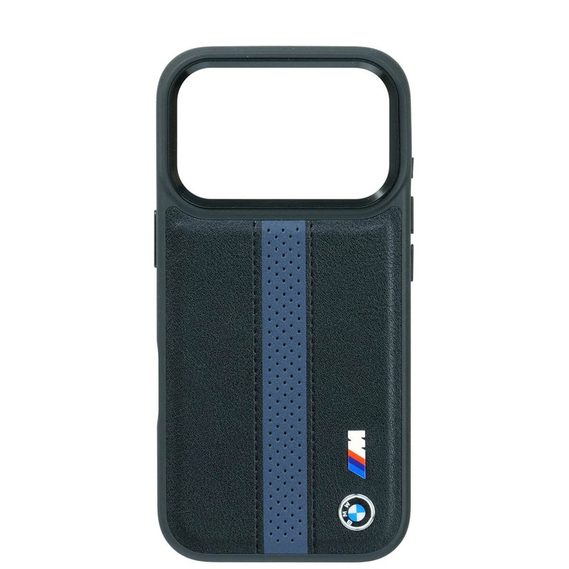 BMW iPhone 17Pro PUレザー バックカバー パフォーデットストライプ メタルロゴ ブラック マグセーフ対応 BMHMP17L25PCPSKB