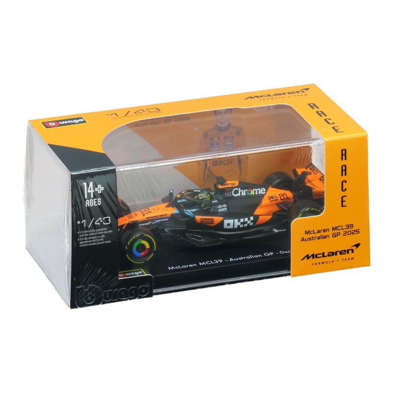 Bburago 1/43スケール マクラーレン F1チーム MCL39 O.ピアストリ オーストラリアGP 2025 ドライバー付 クリアケース オレンジ 18-38249OP