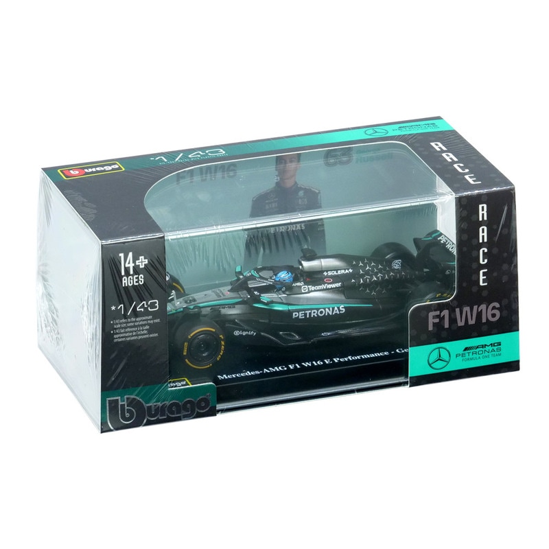 Bburago 1/43スケール メルセデス AMG ペトロナス F1チーム W16 E パフォーマンス G.ラッセル 2025 ドライバー付 クリアケース シルバー BUR38238R