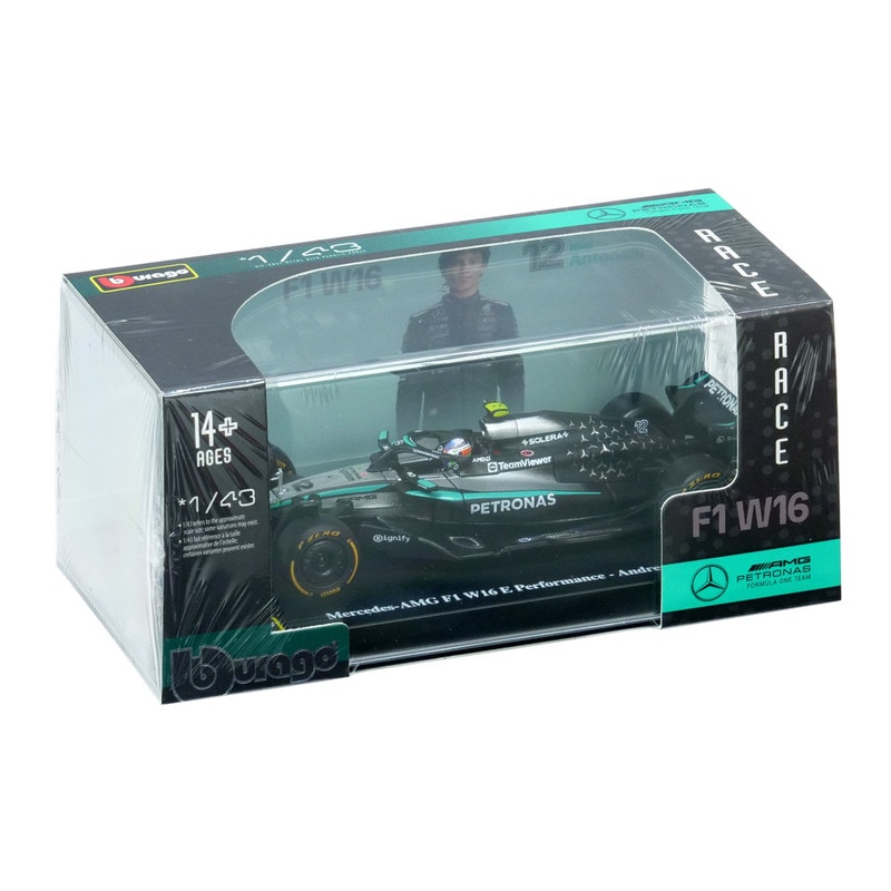 Bburago 1/43スケール メルセデス AMG ペトロナス F1チーム W16 E パフォーマンス K.アントネッリ 2025 ドライバー付 クリアケース シルバー 18-38238KA