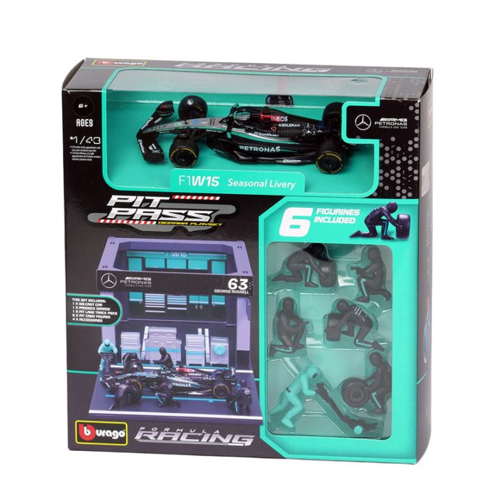 Bburago 1/43スケール メルセデス-AMG ペトロナス F1チーム PIT PASS セット W15 #63 G.ラッセル(クルー×6pcs,パドックガレージ) BUR38452H