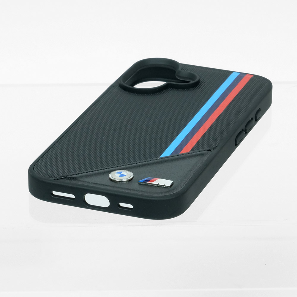 BMW iPhone 16 マグセーフ PU ハードケース メッシュテクスチャー ストライプ ブラック BMHMP16S23PUTRK