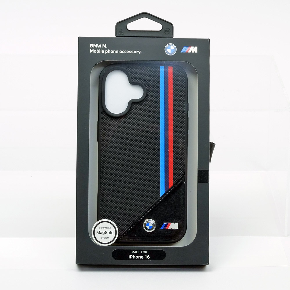 BMW iPhone 16 マグセーフ PU ハードケース メッシュテクスチャー ストライプ ブラック BMHMP16S23PUTRK