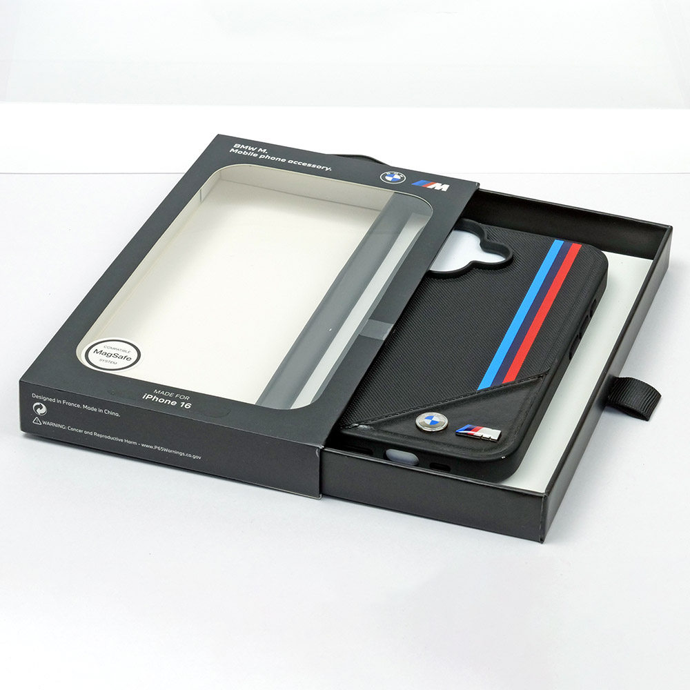 BMW iPhone 16 マグセーフ PU ハードケース メッシュテクスチャー ストライプ ブラック BMHMP16S23PUTRK