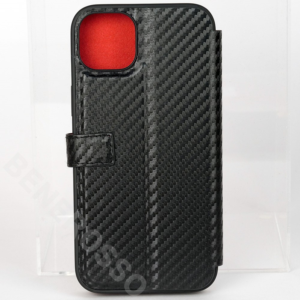 ブラック 口紅ケース フェラーリ iPhone14plus カーボン調PUレザー 手帳型ケース
