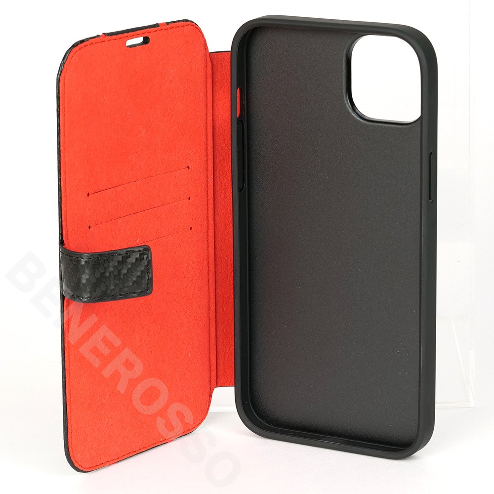 フェラーリ iPhone14plus カーボン調PUレザー 手帳型ケース