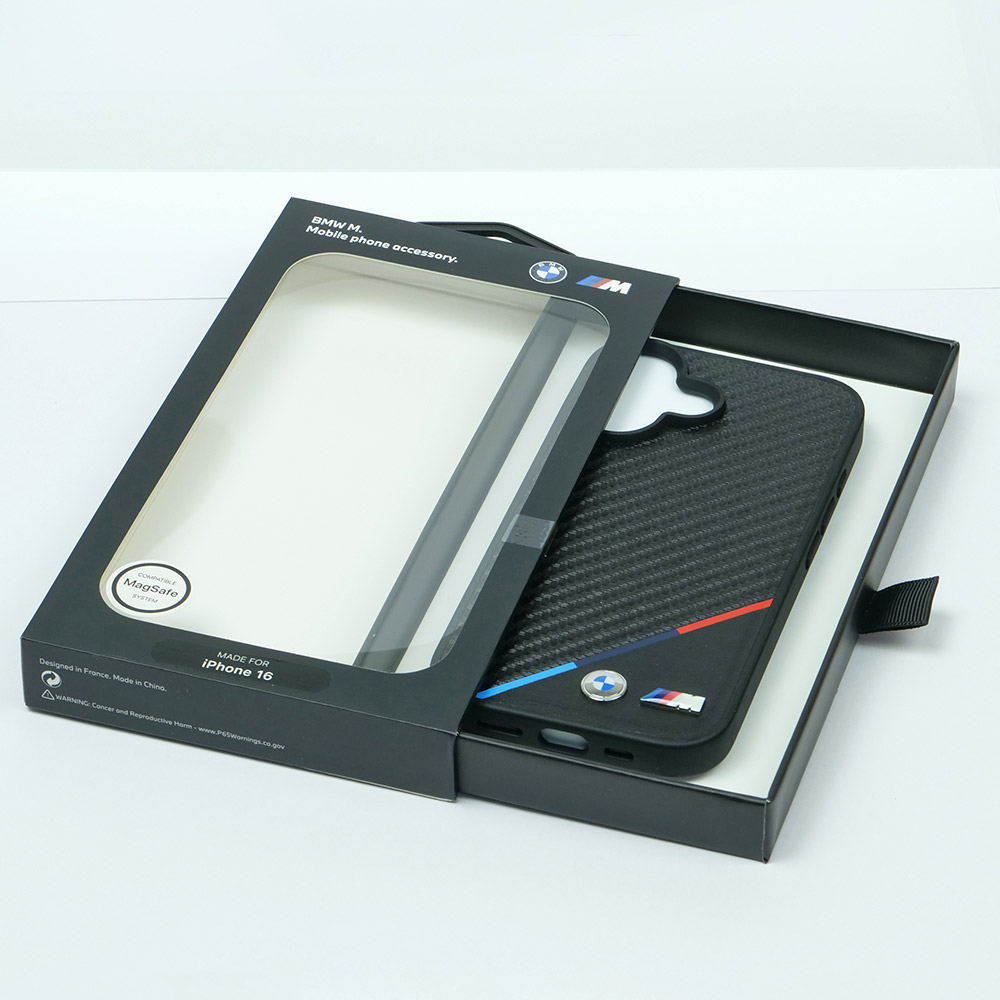 BMW iPhone 16 マグセーフ PU カーボン調 ハードケース トリコロール ブラック BMHMP16S23PUDTK