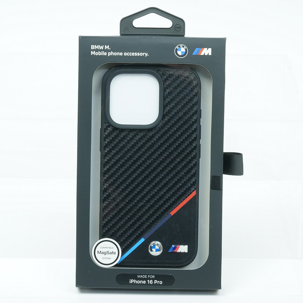 BMW iPhone16Pro マグセーフ PU カーボン調 ハードケース トリコロール ブラック BMHMP16L23PUDTK