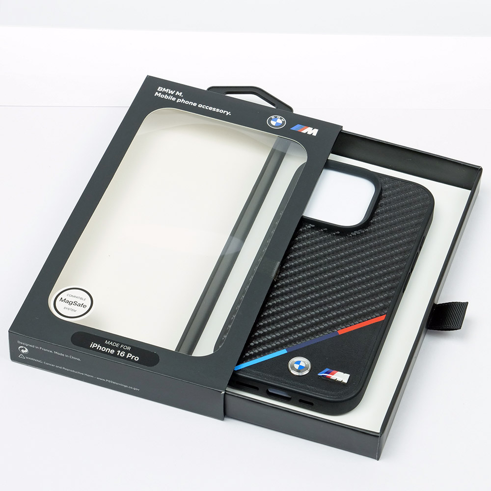 BMW iPhone16Pro マグセーフ PU カーボン調 ハードケース トリコロール ブラック BMHMP16L23PUDTK