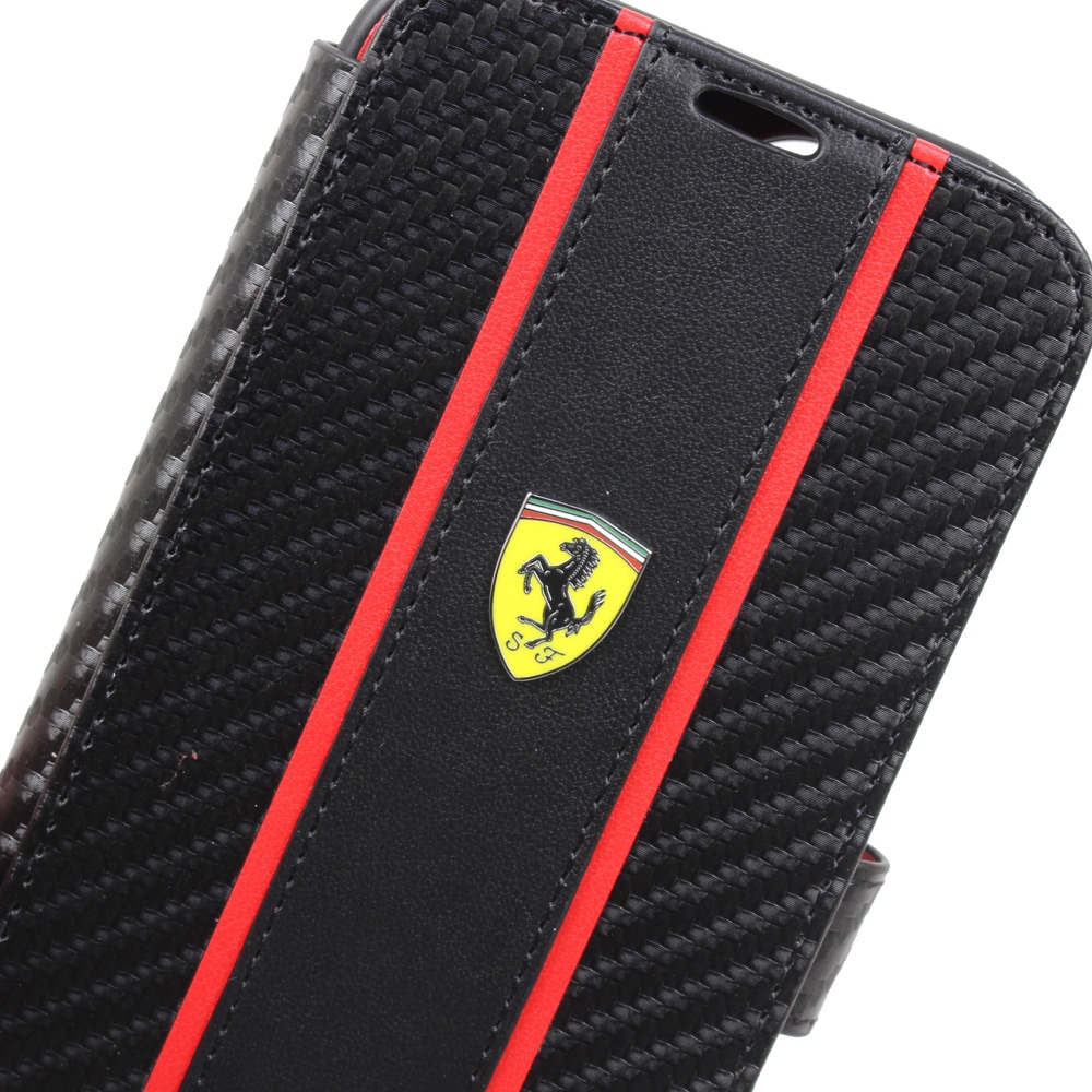 フェラーリ iPhone 15Pro カーボン調PUレザー 手帳型ケース ストライプ