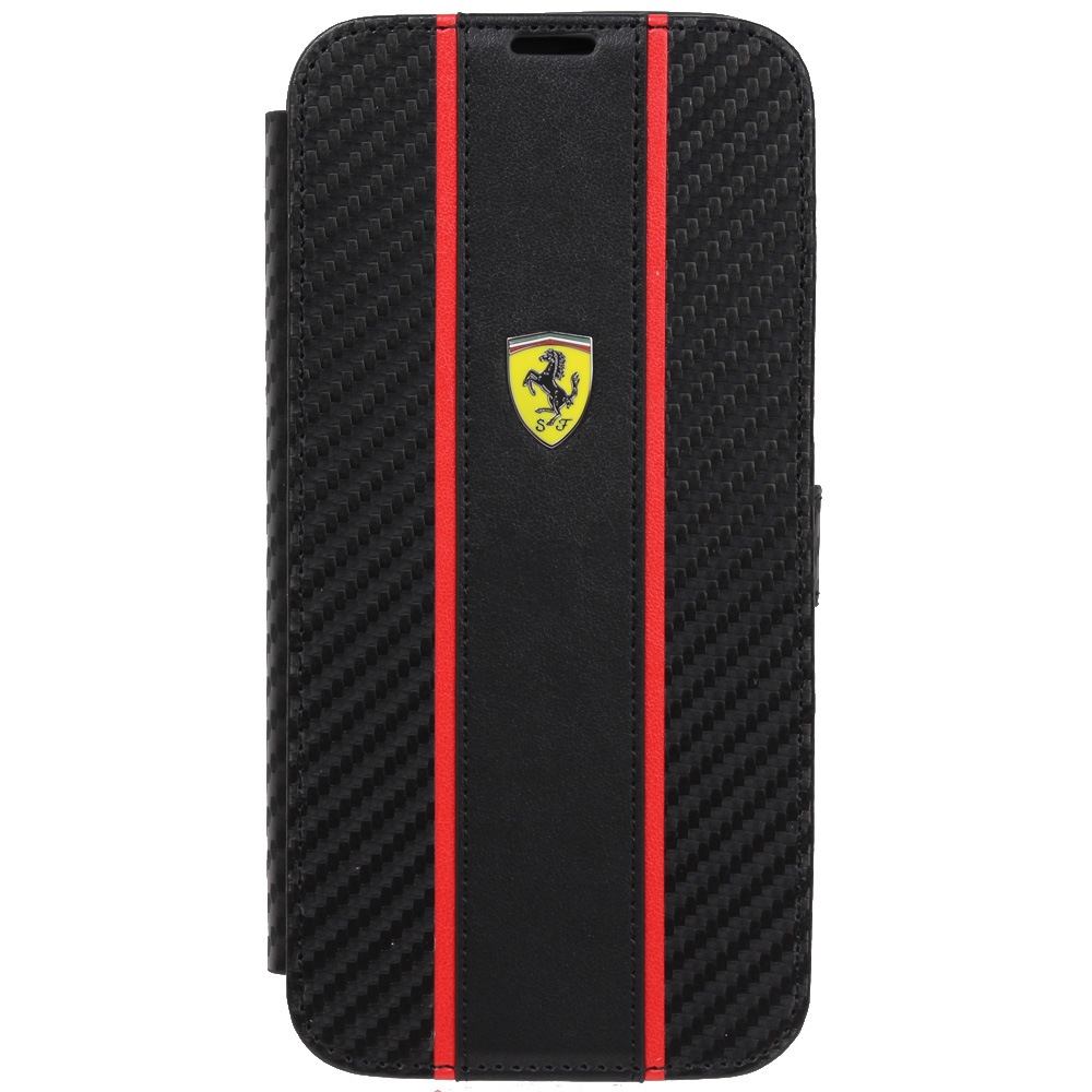 フェラーリ iPhone 15ProMax カーボン調PUレザー 手帳型ケース ストライプ ブラック FEBKP15XNMBK