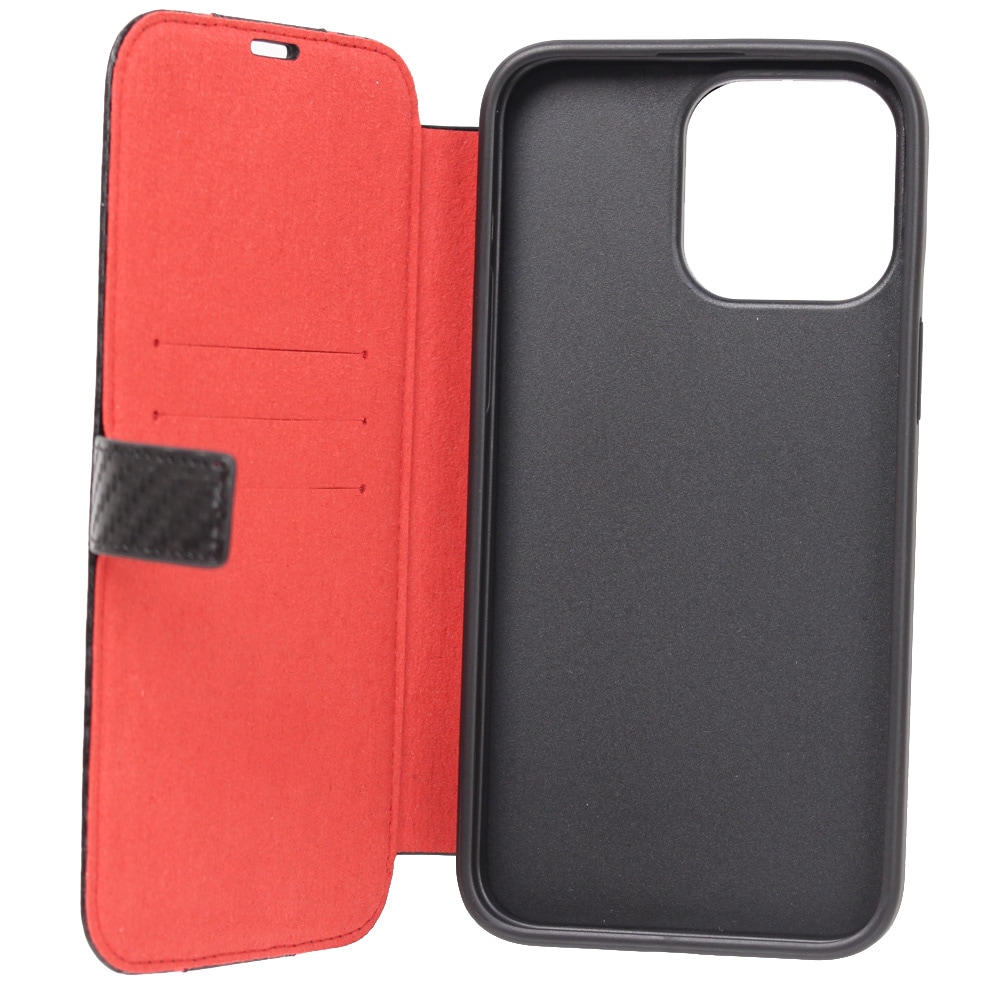 フェラーリ iPhone 15ProMax カーボン調PUレザー 手帳型ケース ストライプ ブラック FEBKP15XNMBK