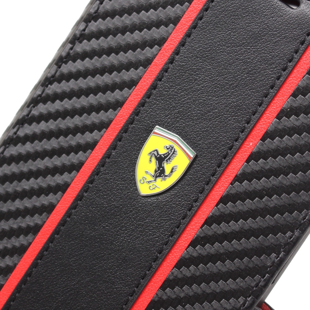 フェラーリ iPhone 15ProMax カーボン調PUレザー 手帳型ケース ストライプ ブラック FEBKP15XNMBK