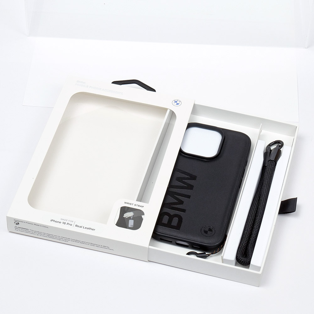 BMW iPhone 16Pro レザー ハードケース ビッグロゴ ハンドストラップ付
