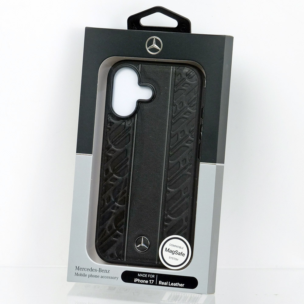 メルセデスベンツ iPhone 17 レザー バックカバー ローレル模様 グレーライン ブラック マグセーフ対応 MEHMP17S25RLDLKH