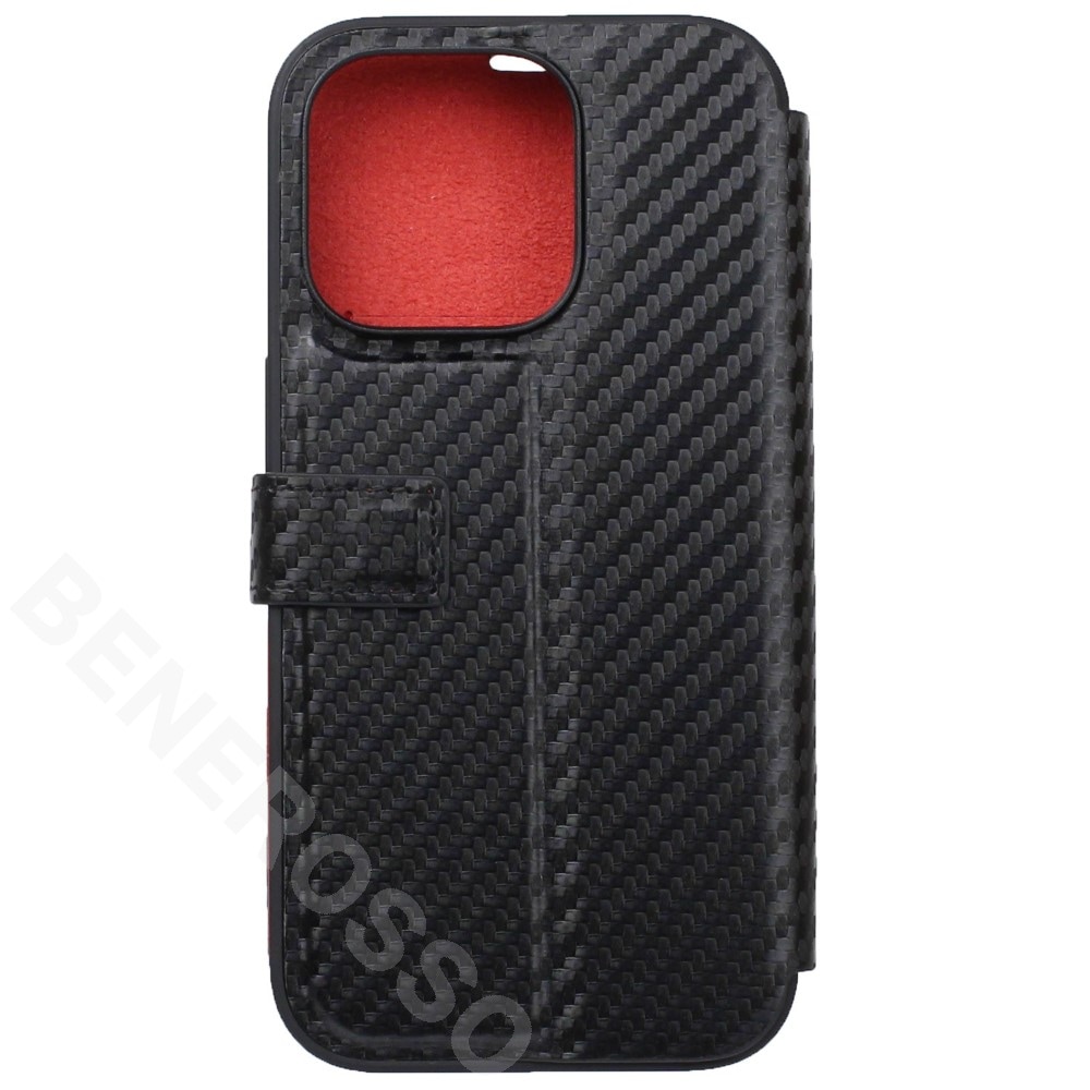 フェラーリ iPhone14Pro カーボン調PUレザー 手帳型ケース ストライプ ブラック FEBKP14LNMBK