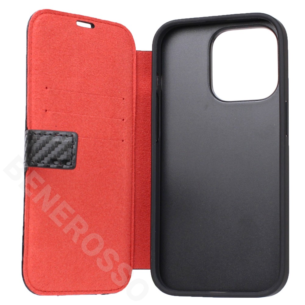 フェラーリ iPhone14Pro カーボン調PUレザー 手帳型ケース ストライプ ブラック FEBKP14LNMBK