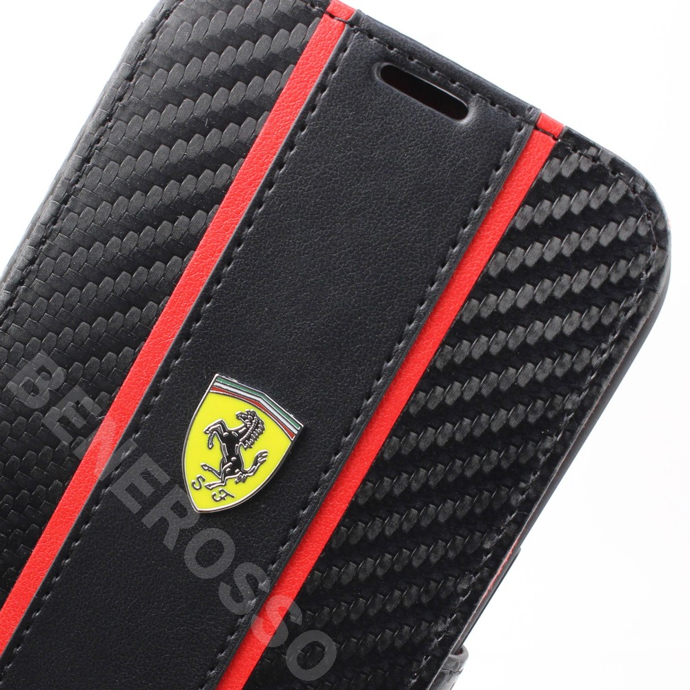 フェラーリ iPhone14Pro カーボン調PUレザー 手帳型ケース ストライプ ブラック FEBKP14LNMBK