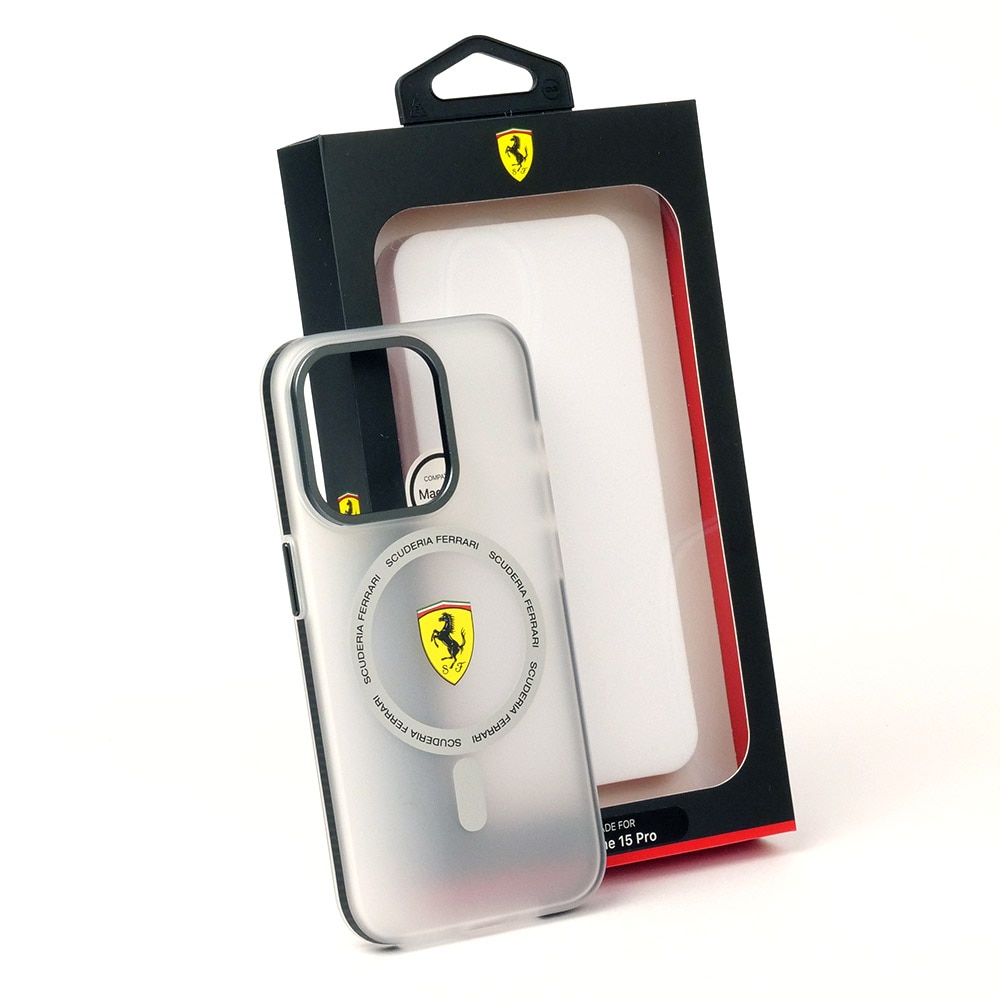 フェラーリ iPhone 15Pro マグセーフ バックカバー ホワイト シルバー/ブラック FEHMP15LUBACIK 