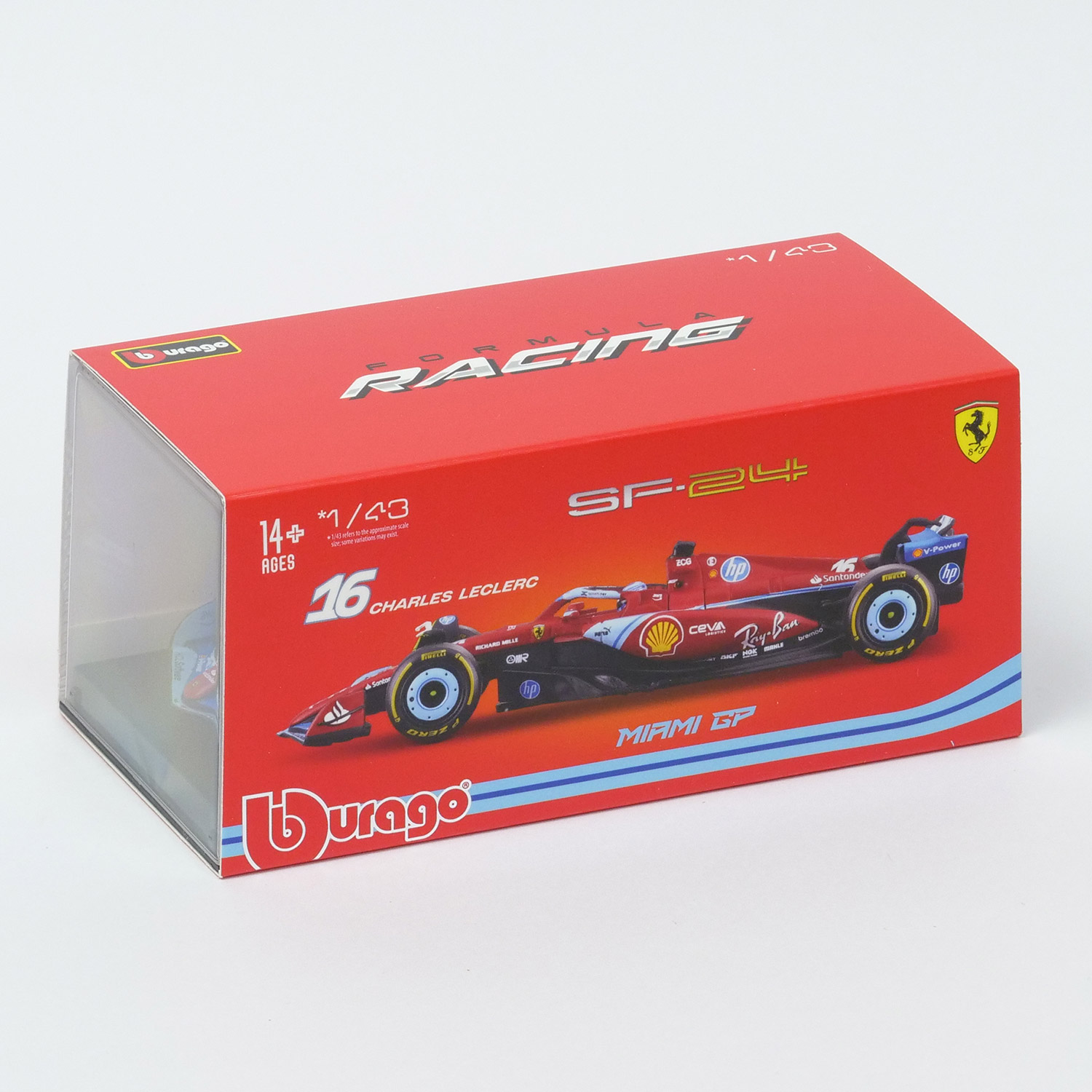 Bburago 1/43スケール フェラーリ SF-24 マイアミGP 2024 #16 C.ルクレール ドライバー付 クリアケース レッド 18-36843LMIA