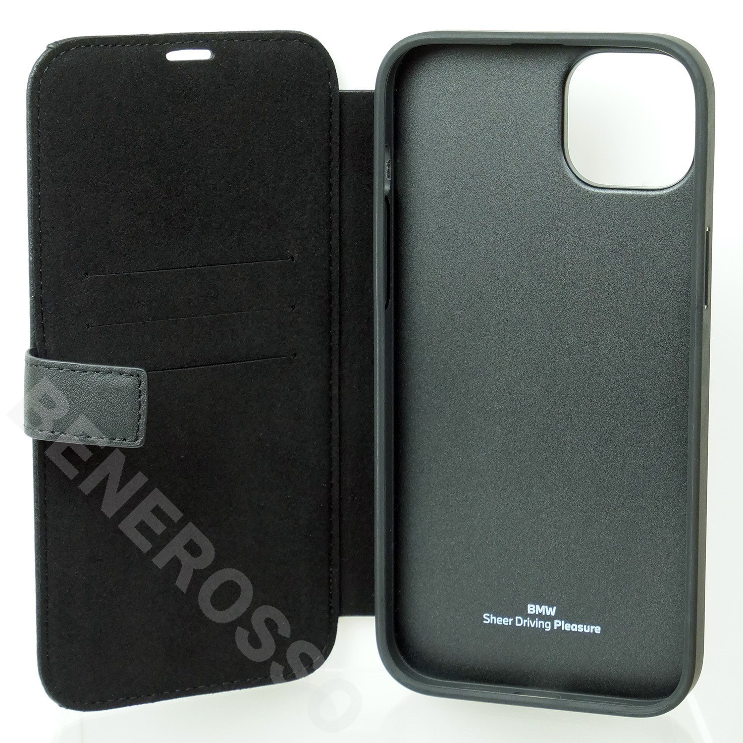 BMW iPhone 14Plus レザー ブックタイプケース BIG LOGO STRIPE ブラック BMBKP14M22RDPK