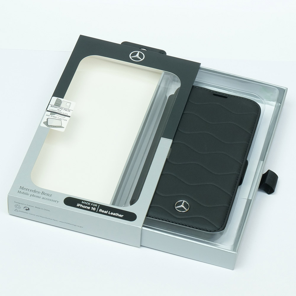 メルセデスベンツ iPhone 16 レザー ブックタイプケース WITH WAVES
