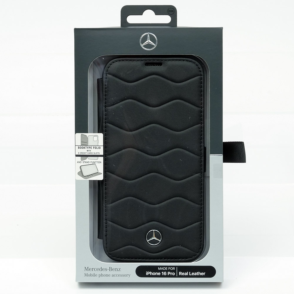 メルセデスベンツ iPhone 16Pro レザー ブックタイプケース WITH WAVES ブラック MEBKP16S23RWRSK