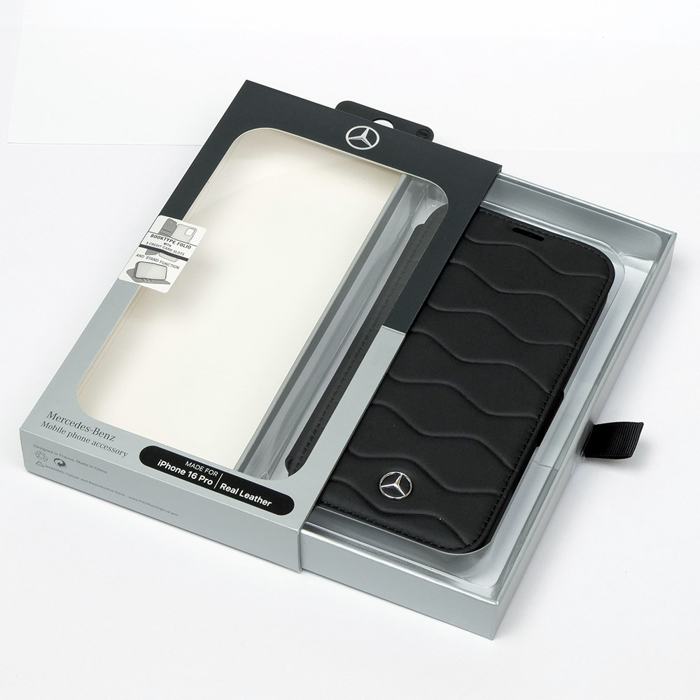 メルセデスベンツ iPhone 16Pro レザー ブックタイプケース WITH WAVES ブラック MEBKP16S23RWRSK