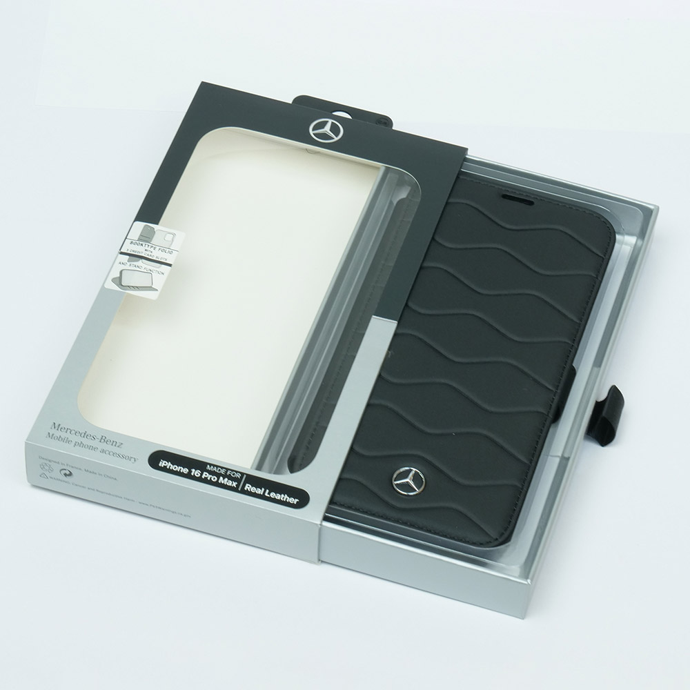 メルセデスベンツ iPhone 16ProMax レザー ブックタイプケース WITH WAVES ブラック MEBKP16X23RWRSK