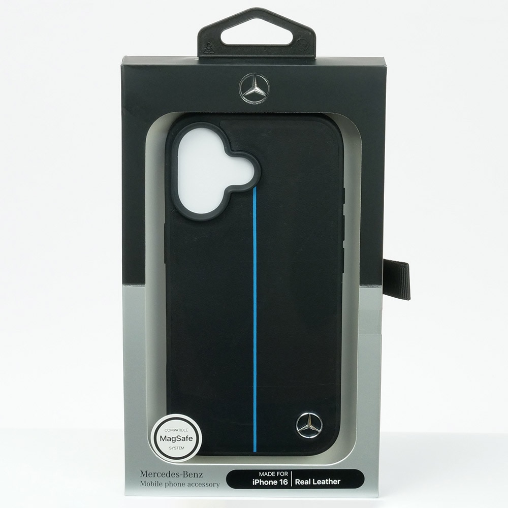 メルセデスベンツ iPhone 16 マグセーフ ブルーライン レザーバックカバー ブラック MEHMP16S23RURBK