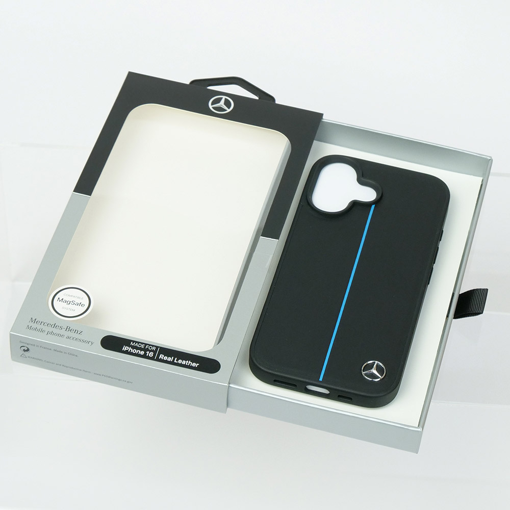 メルセデスベンツ iPhone 16 マグセーフ ブルーライン レザーバックカバー ブラック MEHMP16S23RURBK