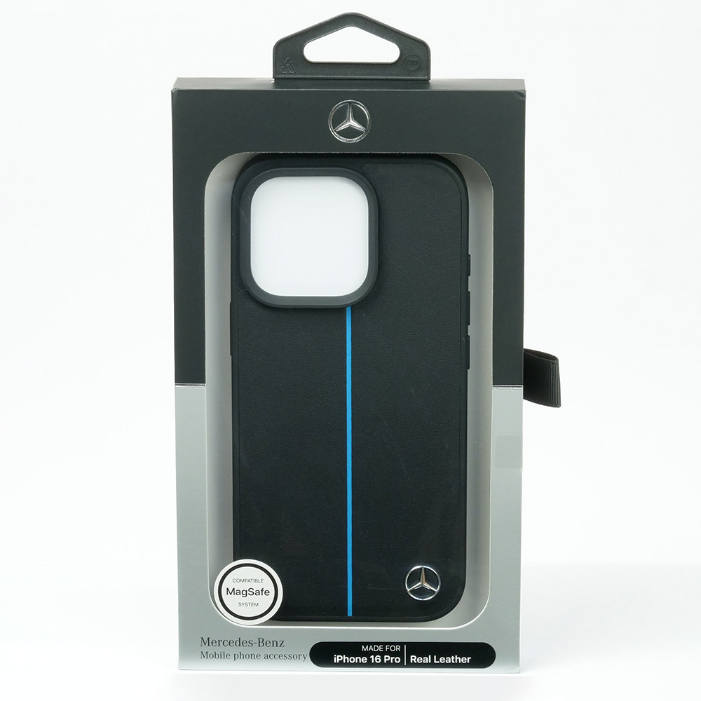 メルセデスベンツ iPhone 16Pro マグセーフ ブルーライン レザーバックカバー ブラック MEHMP16L23RURBK