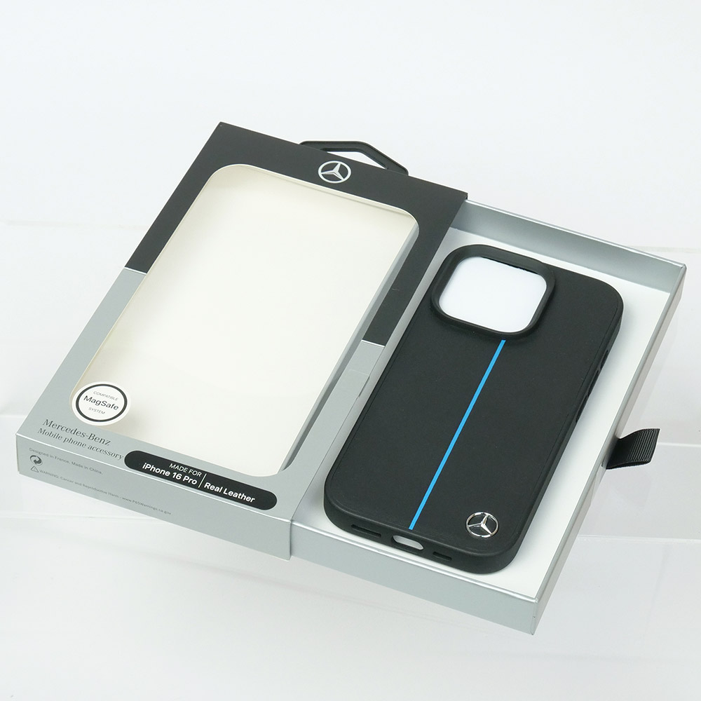 メルセデスベンツ iPhone 16Pro マグセーフ ブルーライン レザーバックカバー ブラック MEHMP16L23RURBK
