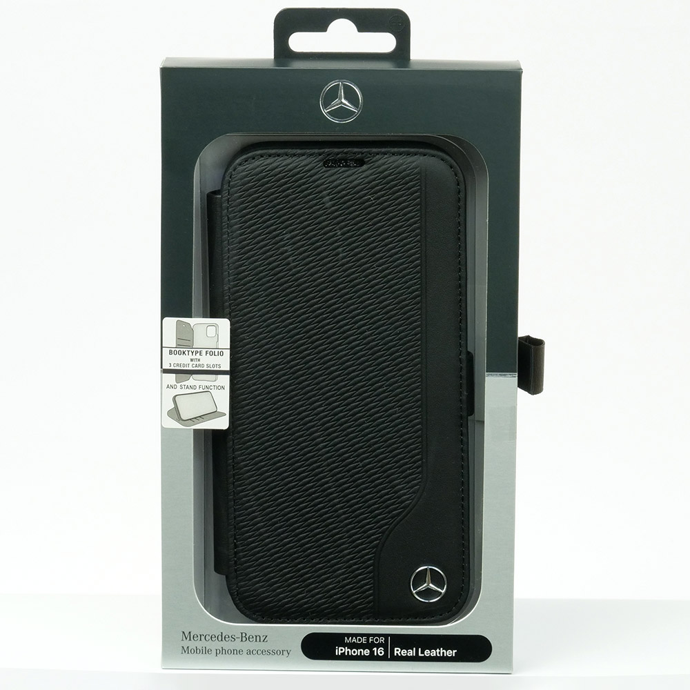メルセデスベンツ iPhone 16 WOOD IMITATION レザー ブックタイプケース ブラック MEBKP16S23RBGVK