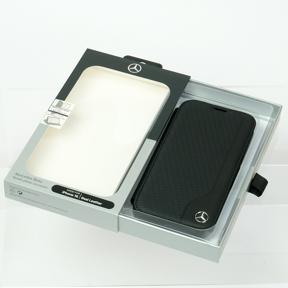 メルセデスベンツ iPhone 16 WOOD IMITATION レザー ブックタイプケース ブラック MEBKP16S23RBGVK