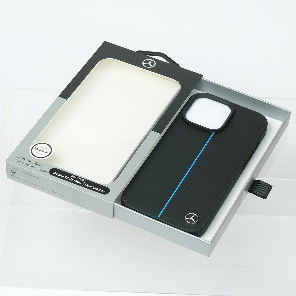 メルセデスベンツ iPhone 16ProMax マグセーフ ブルーライン レザーバックカバー ブラック MEHMP16X23RURBK