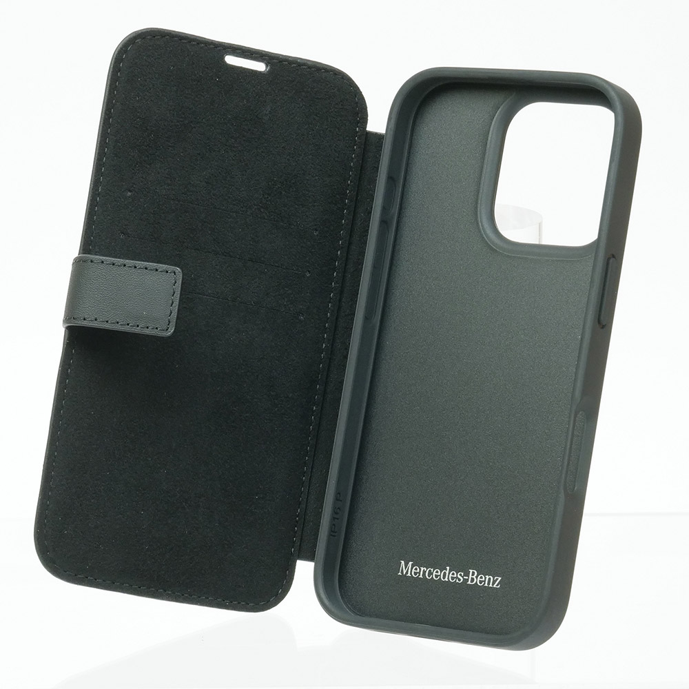 メルセデスベンツ iPhone 16Pro WOOD IMITATION レザー ブックタイプケース ブラック MEBKP16L23RBGVK